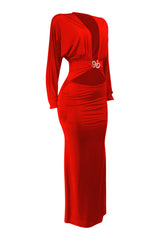 Red evening gown with long sleeves on a white background