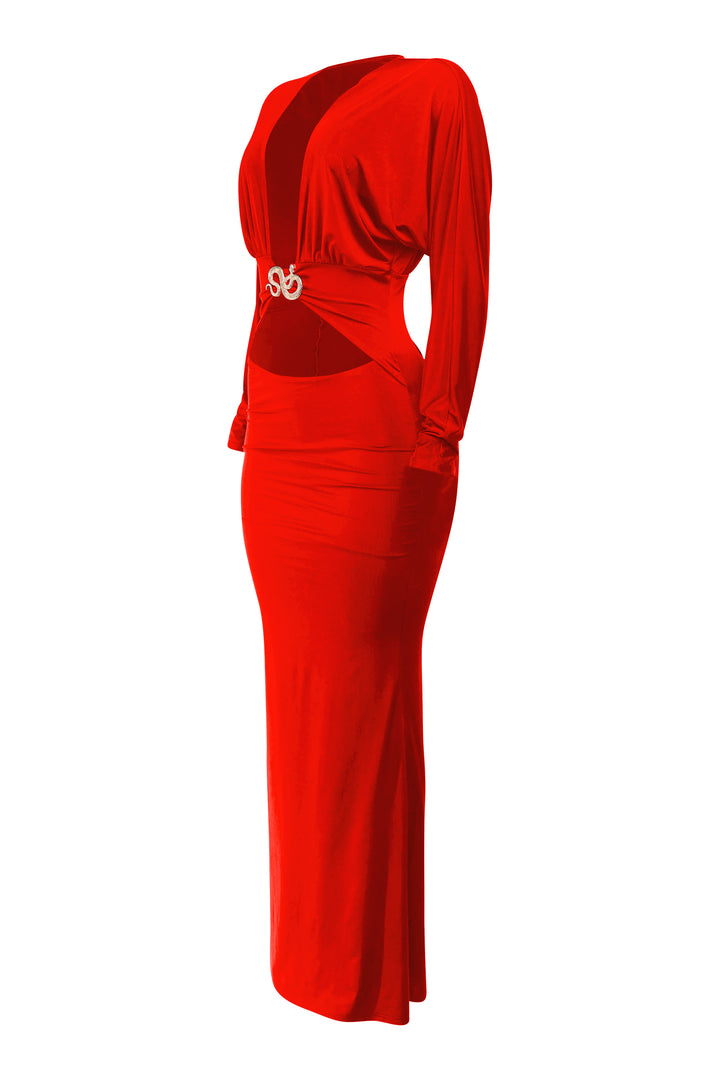 Red dress with a logo on a white background