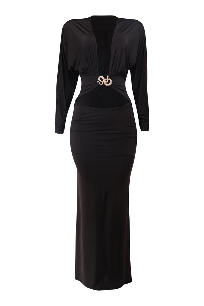 Black dress with a gold emblem on a white background