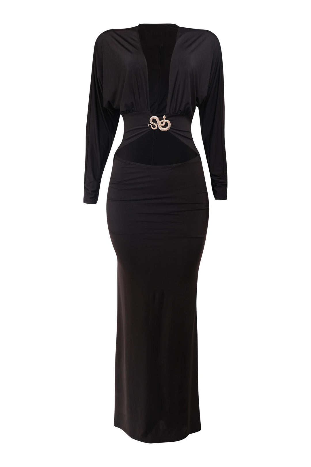 Black dress with a gold emblem on a white background