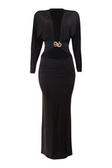 Black dress with a gold emblem on a white background