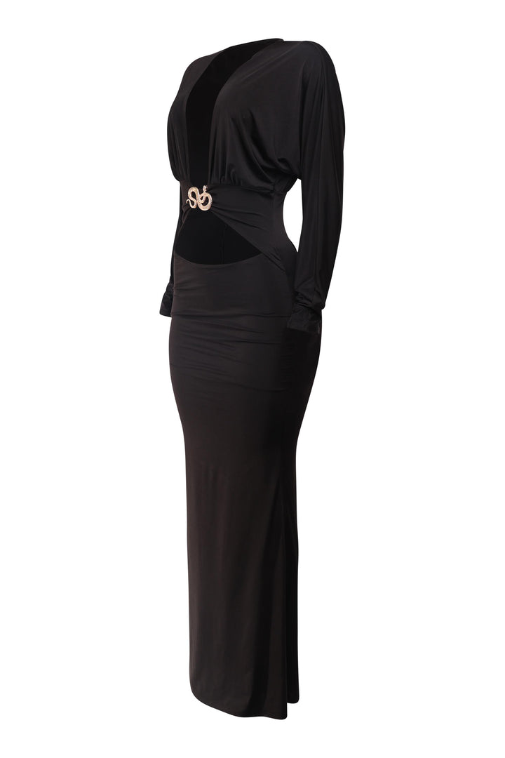 Black dress with a logo on a white background