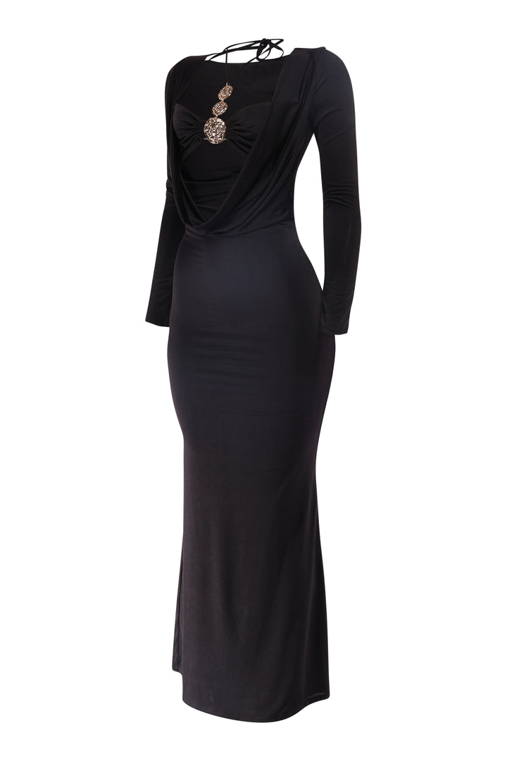 Black long-sleeve dress with embellishments on a white background
