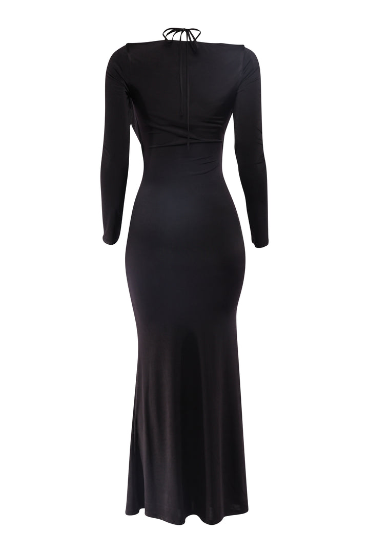 Black long-sleeve dress on a white background