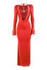 Red evening gown with long sleeves and a decorative back on a white background