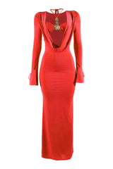 Red evening gown with long sleeves and a decorative back on a white background