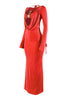Red evening gown with a unique cutout design on a white background