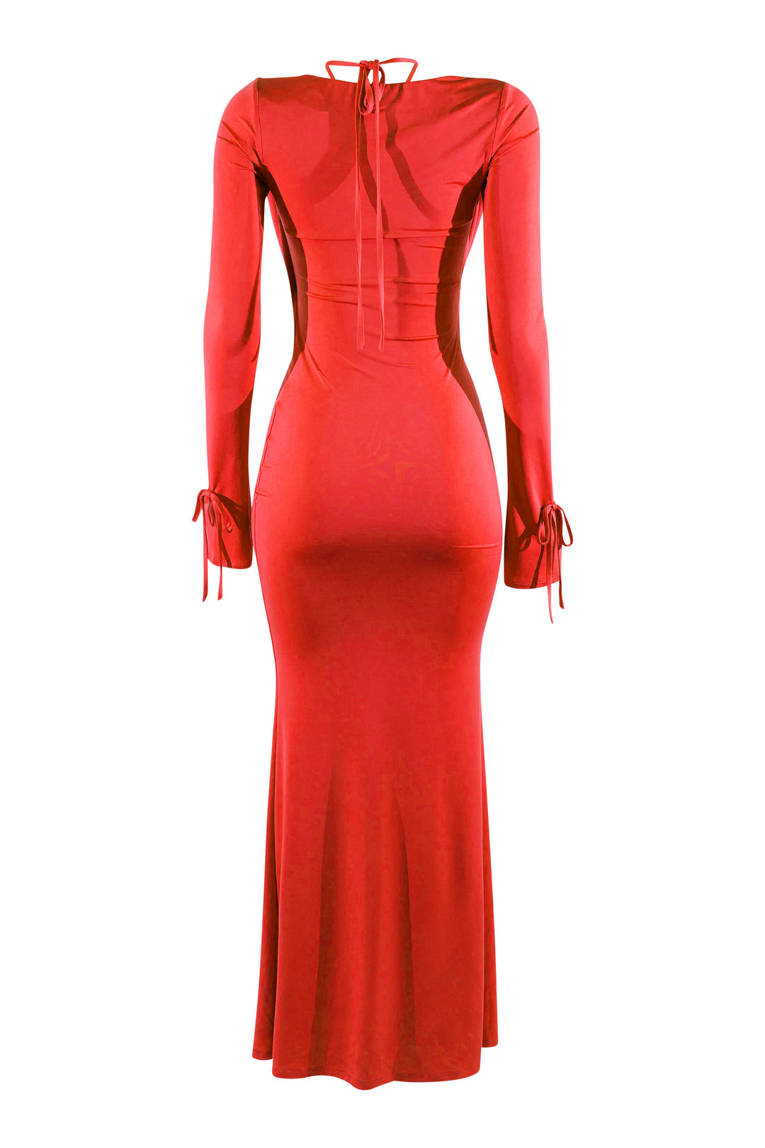 Red dress with sheer panels on a white background