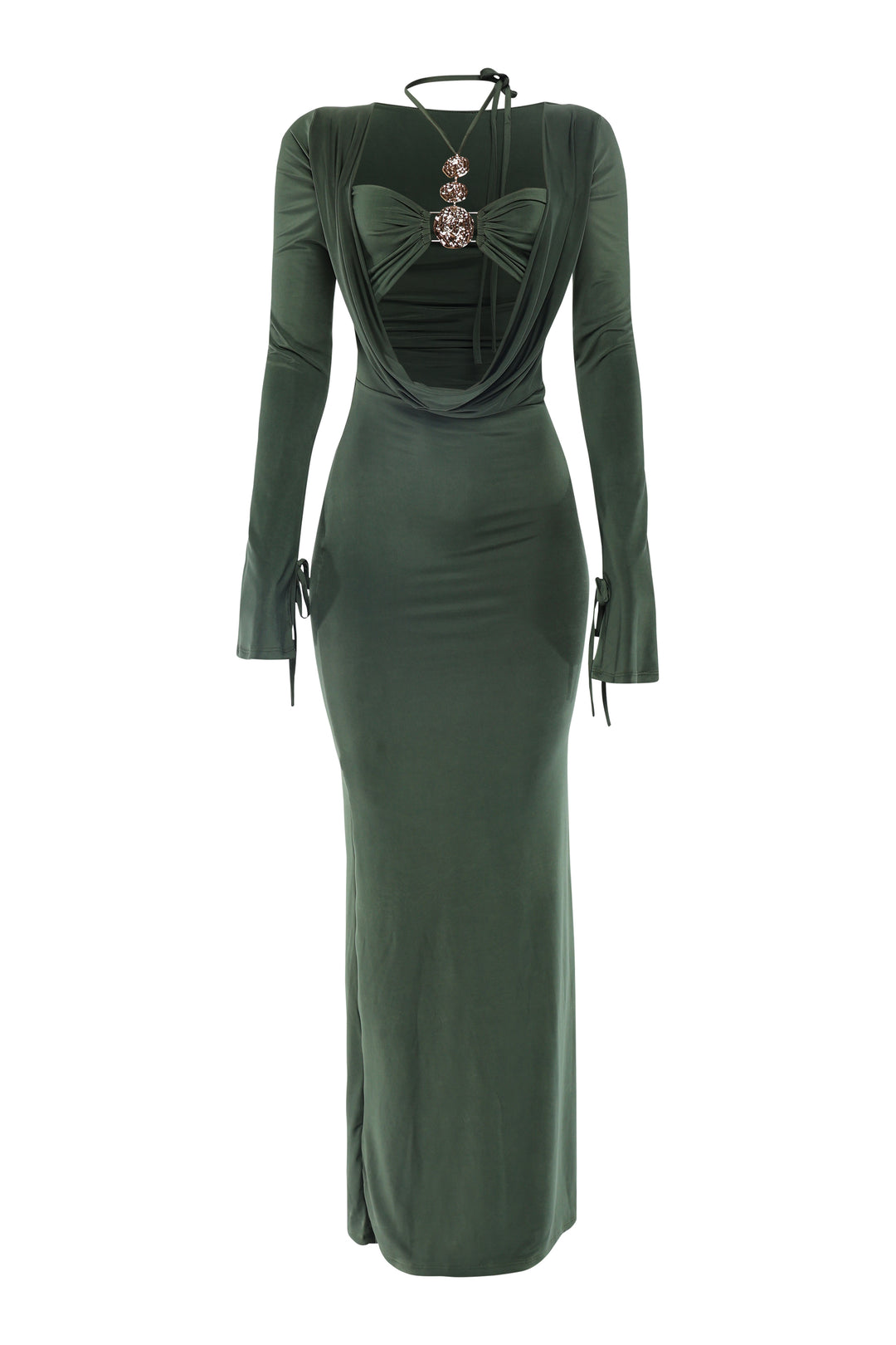 Green evening gown with long sleeves and a decorative bow detail on a white background