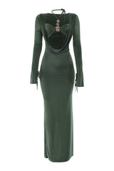 Green evening gown with long sleeves and a decorative bow detail on a white background