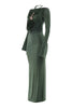 Green evening gown with a draped front design on a white background