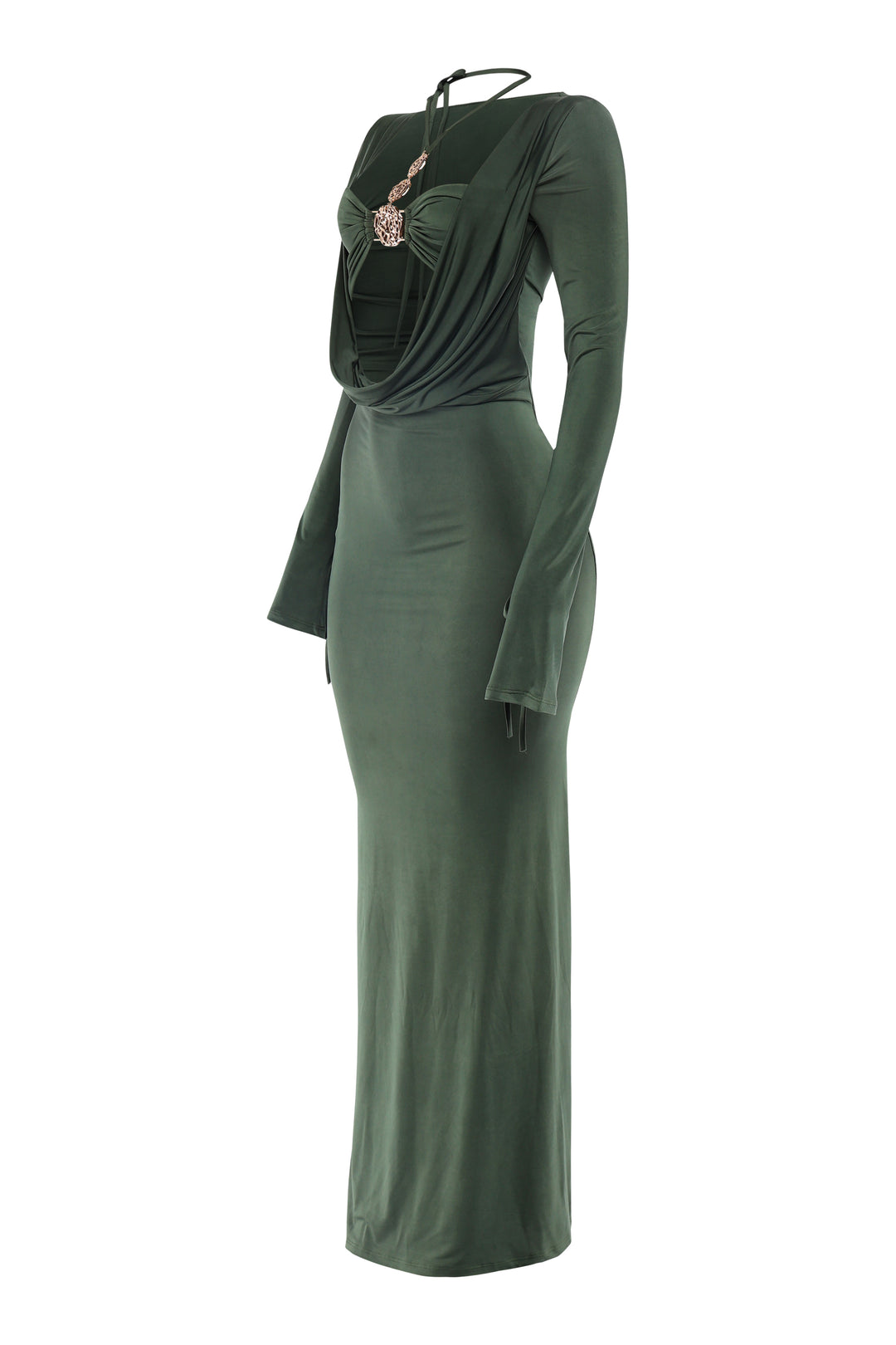Green evening gown with a draped front design on a white background