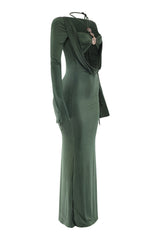 Green evening gown with a draped front design on a white background