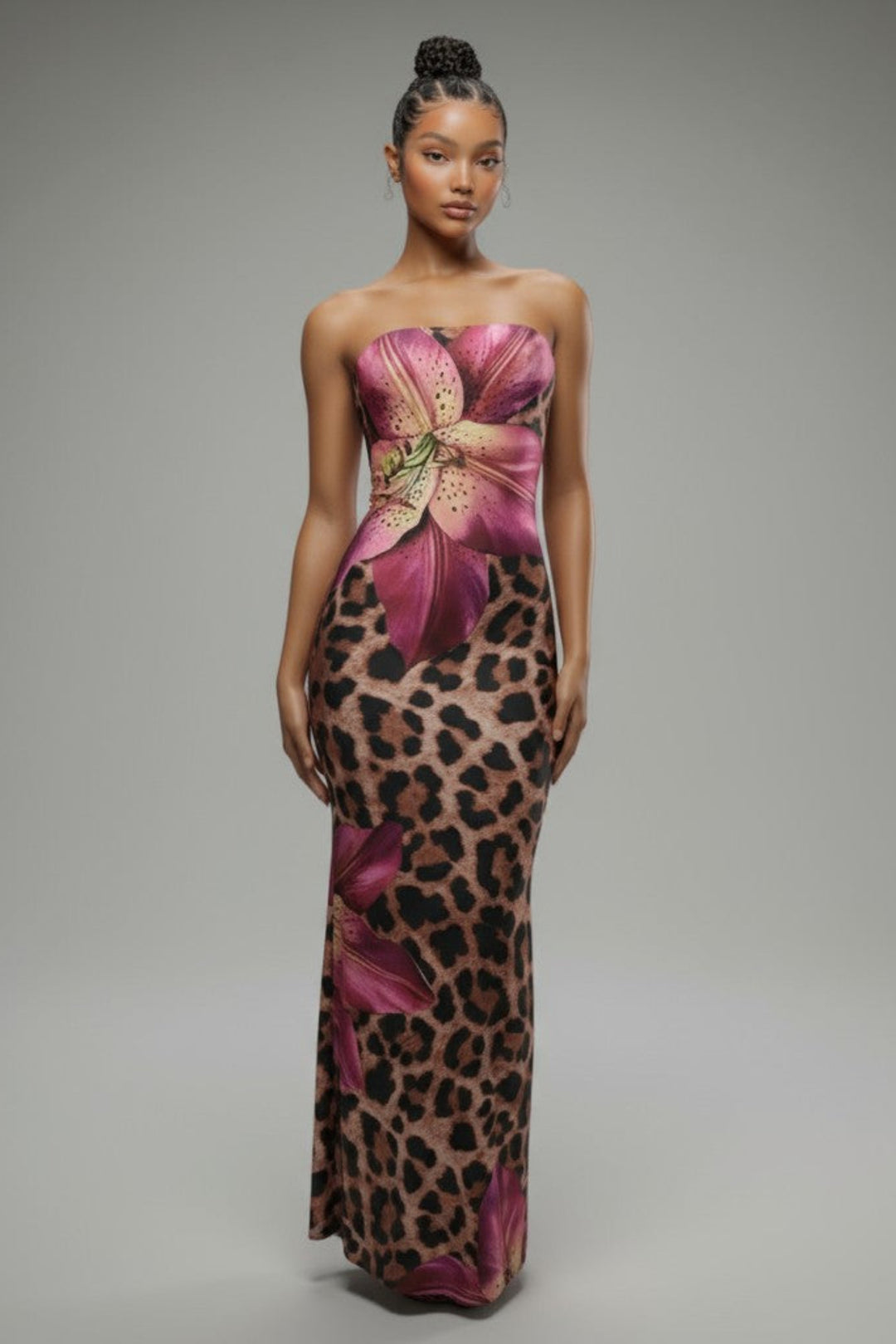 Front view of tube top floral leopard maxi dress with body-skimming fit and dramatic all-over print
