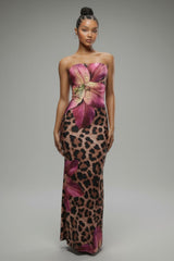 Front view of tube top floral leopard maxi dress with body-skimming fit and dramatic all-over print