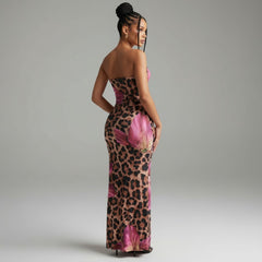 Back view of sleeveless leopard floral maxi dress showcasing stretch fabric and smooth silhouette