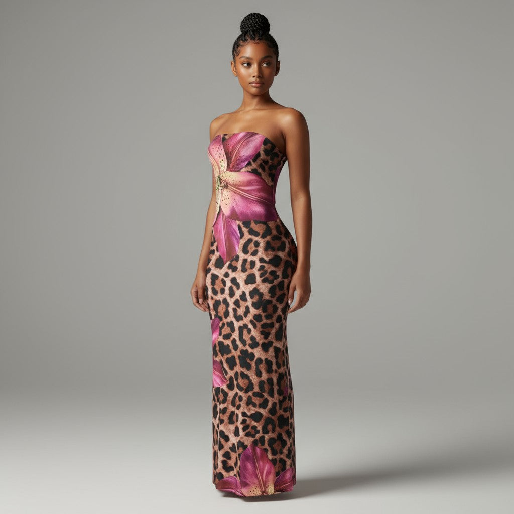 Left angled view of strapless leopard print maxi dress with bold pink floral accents and flared hem