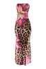 Front view of tube top floral leopard maxi dress with body-skimming fit and dramatic all-over print