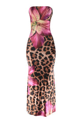 Front view of tube top floral leopard maxi dress with body-skimming fit and dramatic all-over print