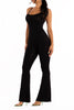Black scoop-neck flare jumpsuit with form-fitting stretch fabric