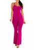 Hot pink flare jumpsuit with scoop neckline and flattering stretch fit