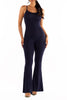 Navy blue scoop-neck flare jumpsuit with sleek silhouette
