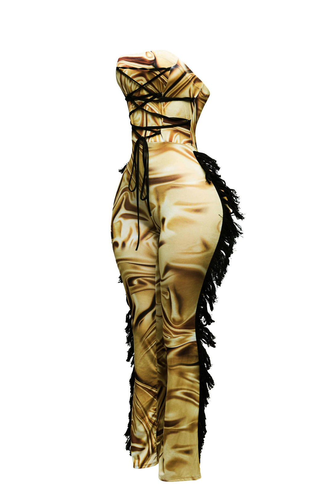 Strapless fringe jumpsuit w corset style front