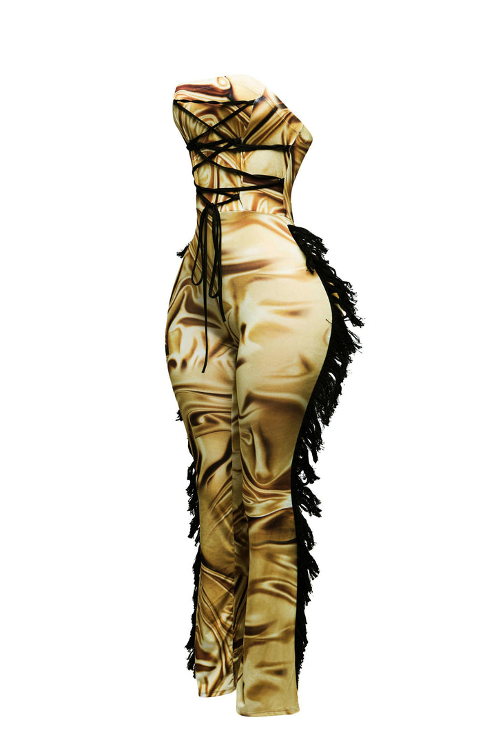 Strapless fringe jumpsuit w corset style front