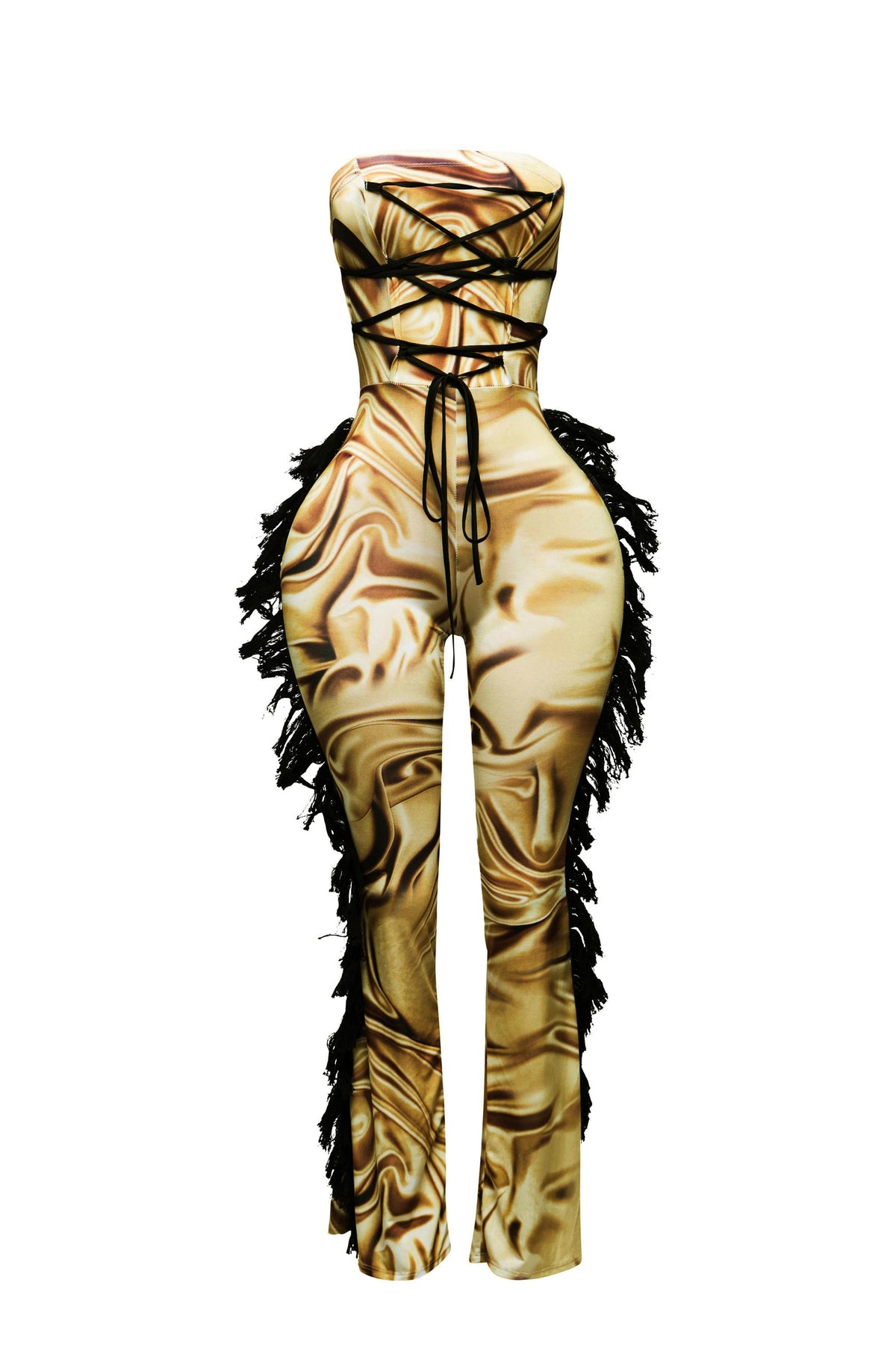 Strapless fringe jumpsuit w corset style front