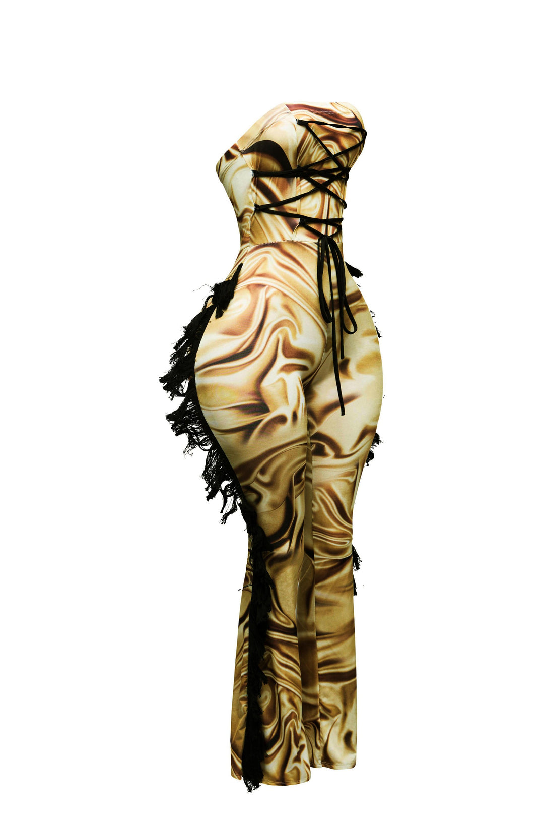 Strapless fringe jumpsuit w corset style front