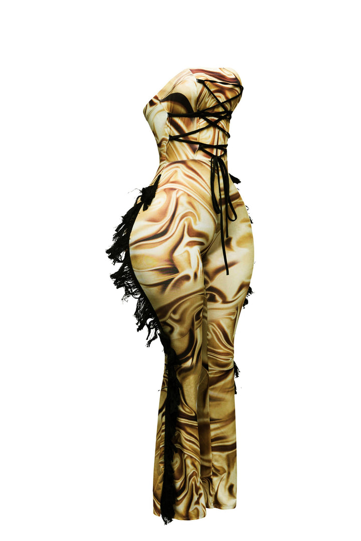 Strapless fringe jumpsuit w corset style front