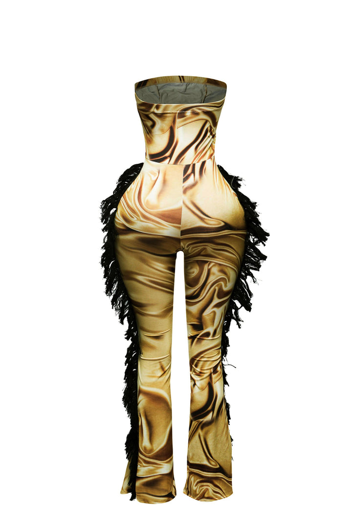 Strapless fringe jumpsuit w corset style front