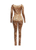 Leopard deep V neck long sleeve jumpsuit