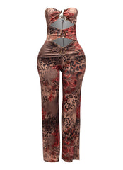 Trimmed cutout strapless wide leg jumpsuit