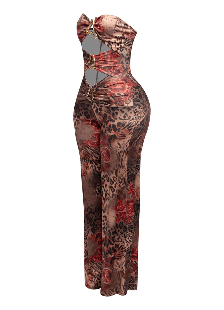 Trimmed cutout strapless wide leg jumpsuit