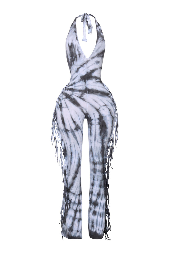 Tie dye fringed halter jumpsuit