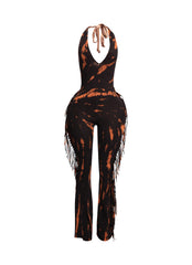 Tie dye fringed halter jumpsuit
