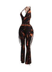 Tie dye fringed halter jumpsuit