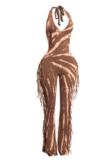 Tie dye fringed halter jumpsuit