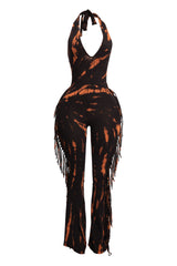 Tie dye fringed halter jumpsuit