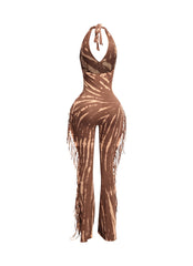 Tie dye fringed halter jumpsuit