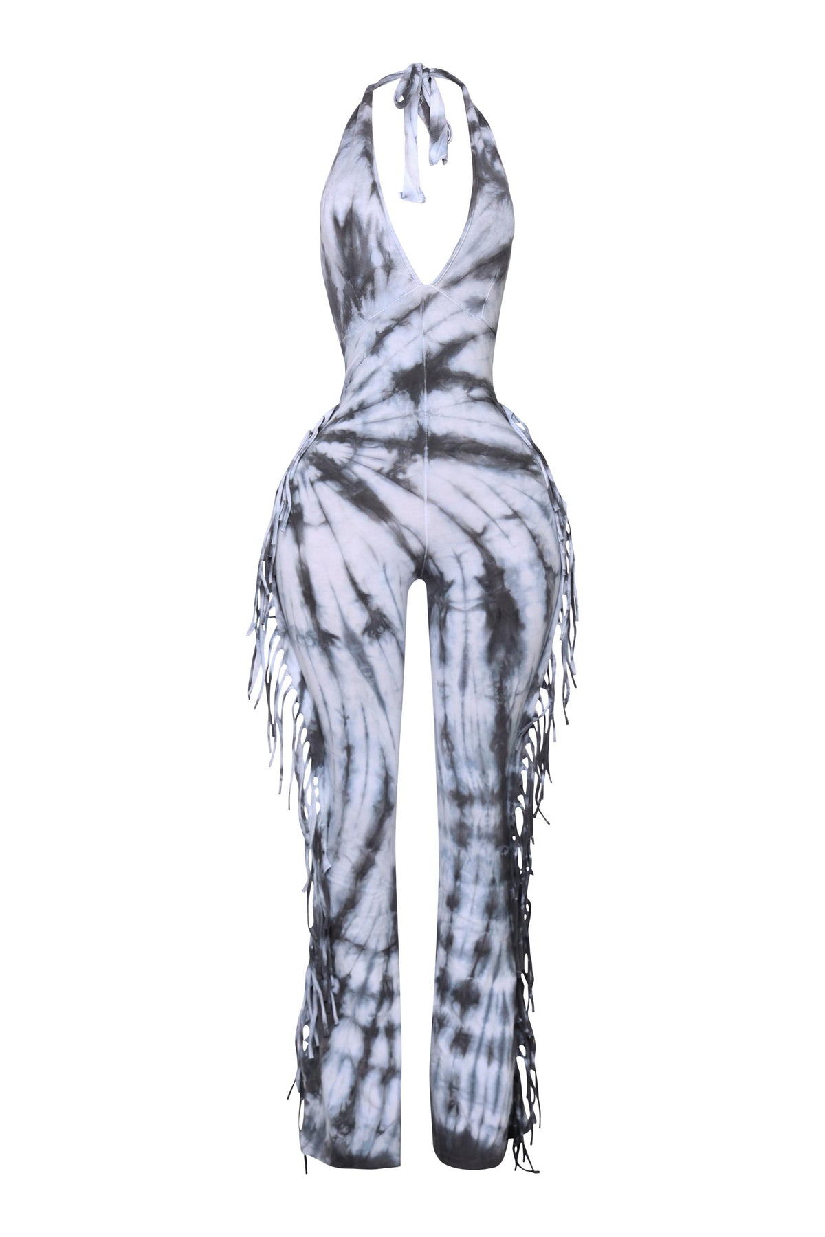 Tie dye fringed halter jumpsuit