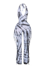 Tie dye fringed halter jumpsuit