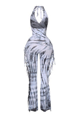 Tie dye fringed halter jumpsuit