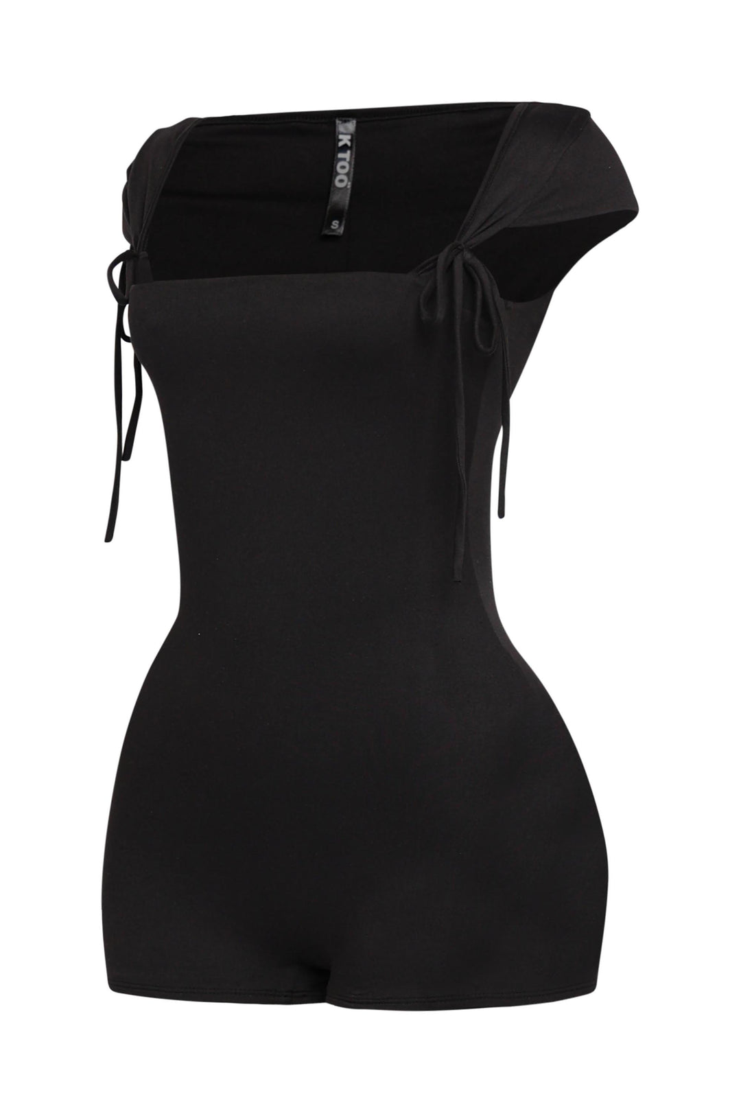 Rear view of black cap sleeve romper with short inseam and snug stretchy fit

