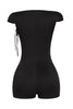 Sleek black romper with square neckline and ruched tie shoulders in summer-ready bodycon cut

