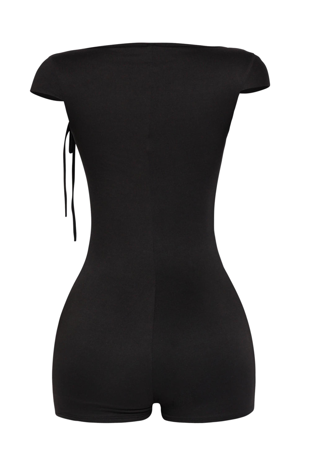 Sleek black romper with square neckline and ruched tie shoulders in summer-ready bodycon cut

