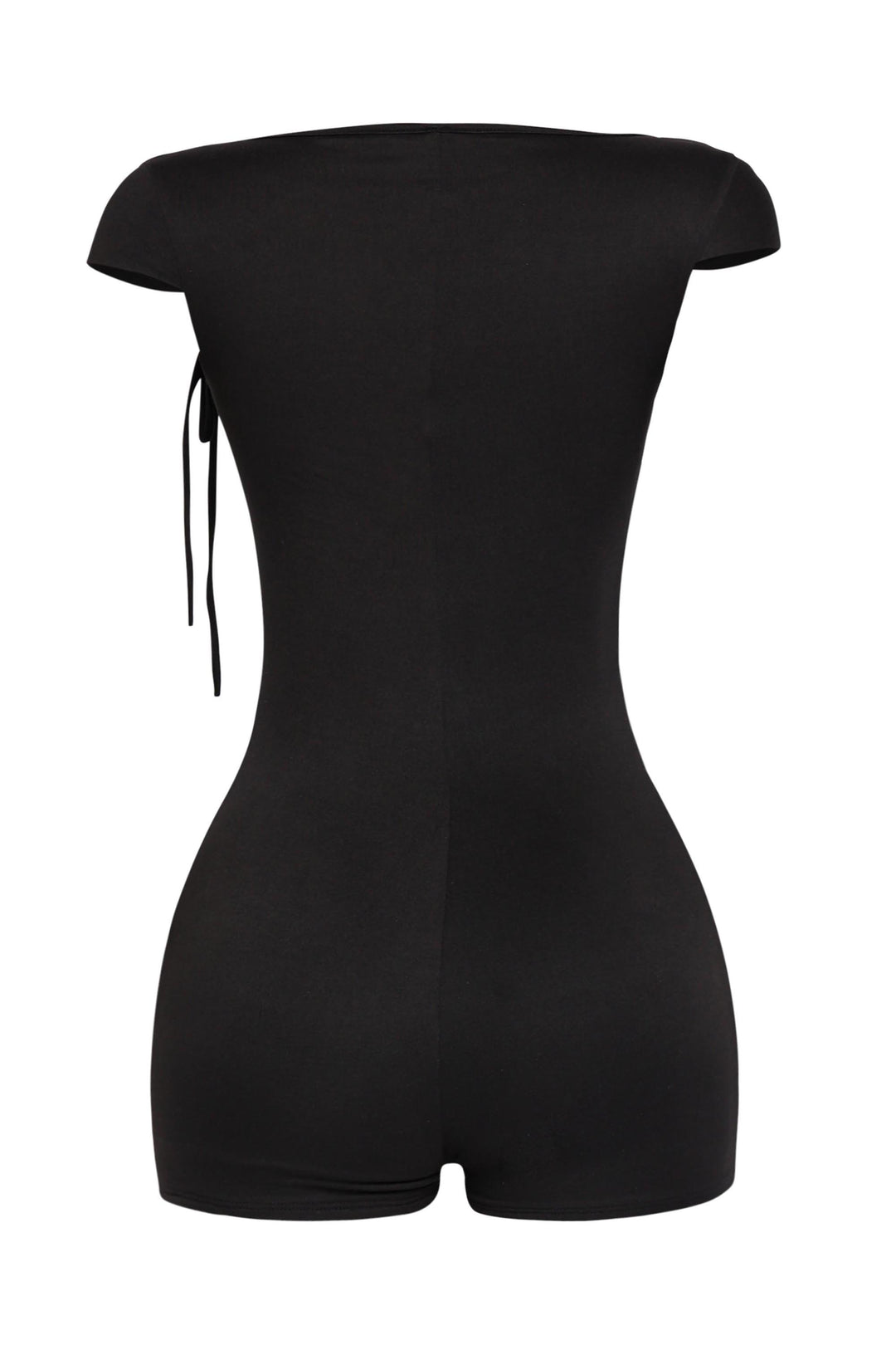 Sleek black romper with square neckline and ruched tie shoulders in summer-ready bodycon cut

