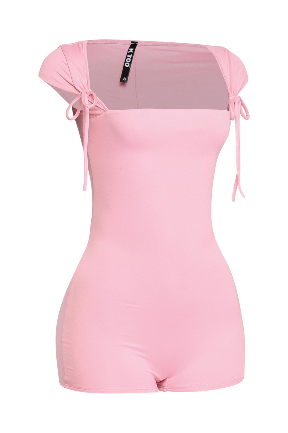 Feminine blush pink romper with curve-skimming shape and flirty square neckline

