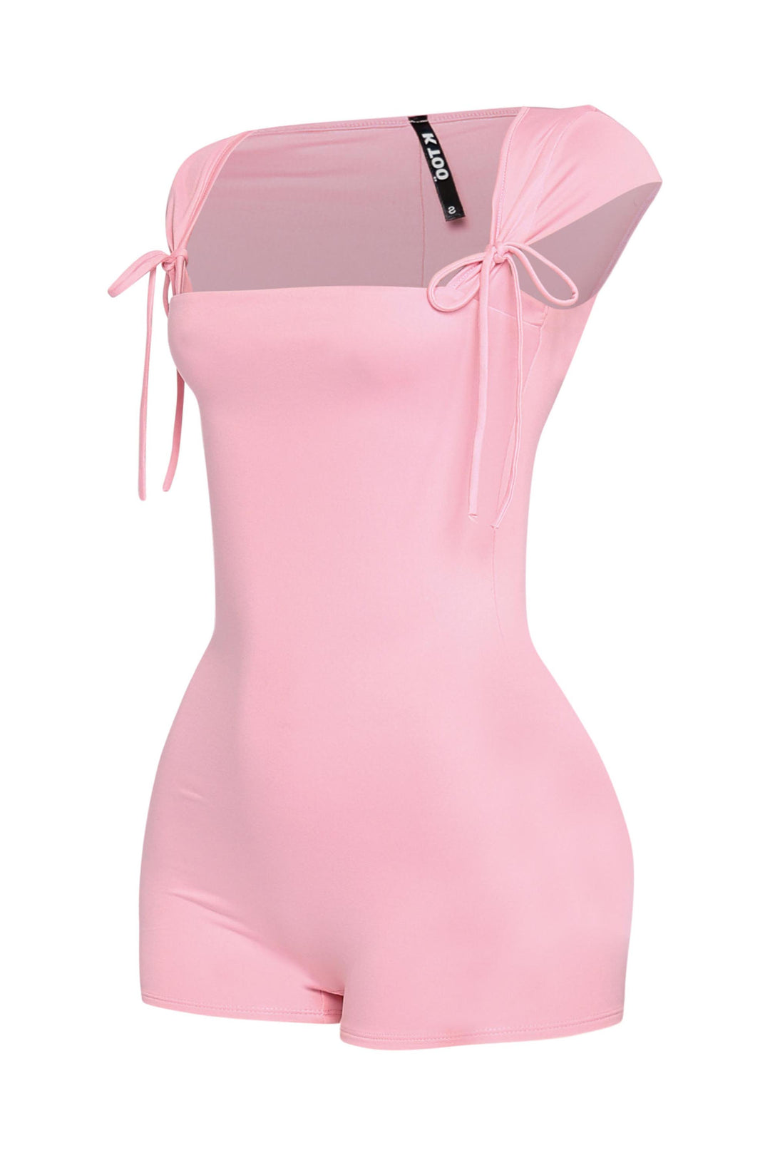 Pastel pink one-piece romper with stretchy bodycon fit and adjustable shoulder ties

